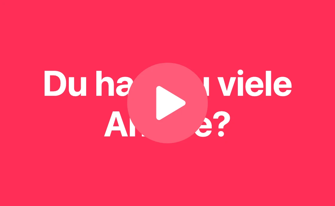 Magenta Hintergrund mit der Frage „Du hast zu viele Anrufe?" und einem Play-Button, der das Video startet