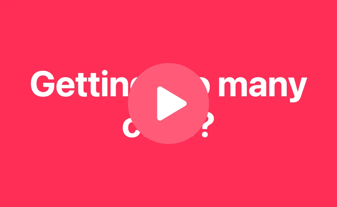 Magenta background with the question "Getting too many calls?" and a play button that starts the video