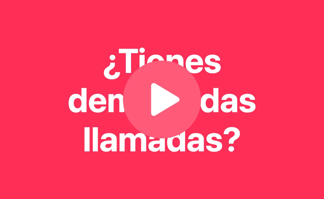 Fondo magenta con la pregunta «¿Tienes demasiadas llamadas?» y un botón de reproducción que inicia el vídeo